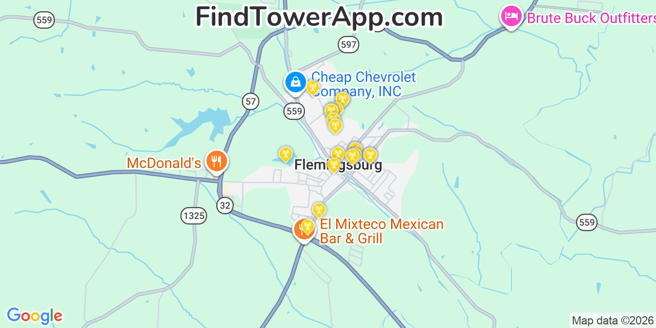 Map showing the 20 primary cell tower locations detected in Flemingsburg, Kentucky from AT&T, Verizon, and T-Mobile networks