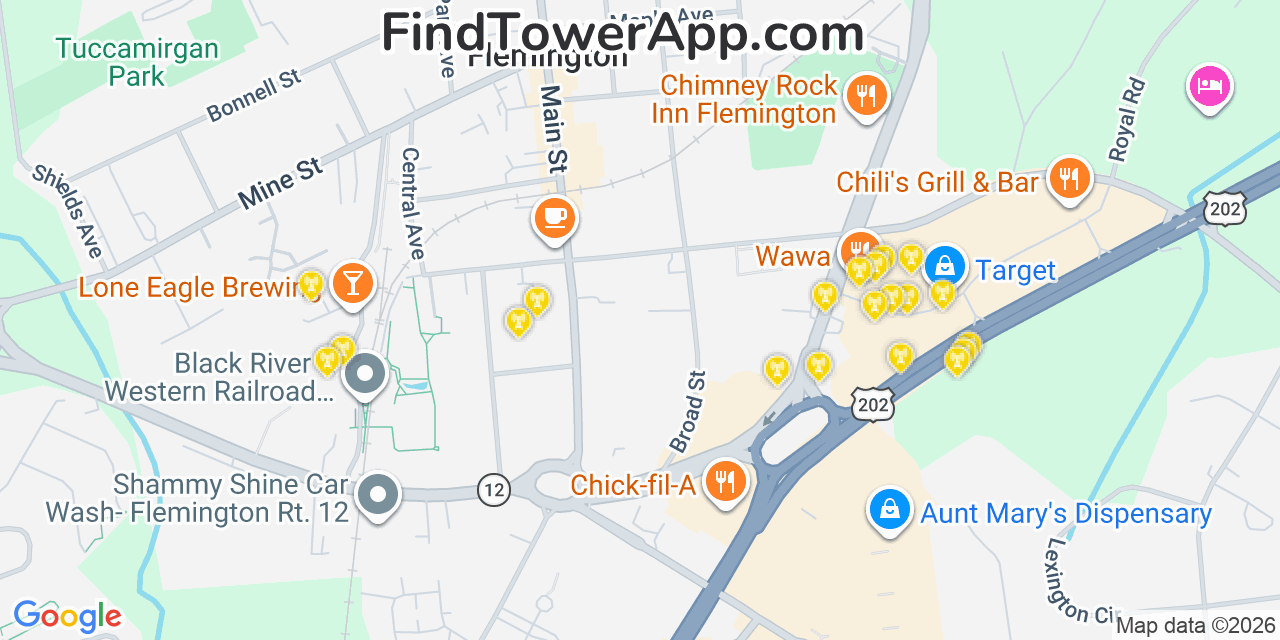 Map showing the 20 primary cell tower locations detected in Flemington, New Jersey from AT&T, Verizon, and T-Mobile networks