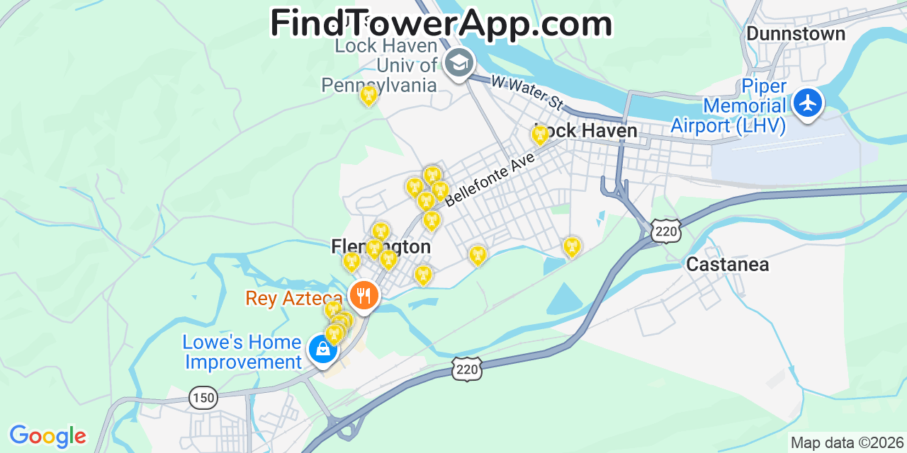 Map showing the 20 primary cell tower locations detected in Flemington, Pennsylvania from AT&T, Verizon, and T-Mobile networks