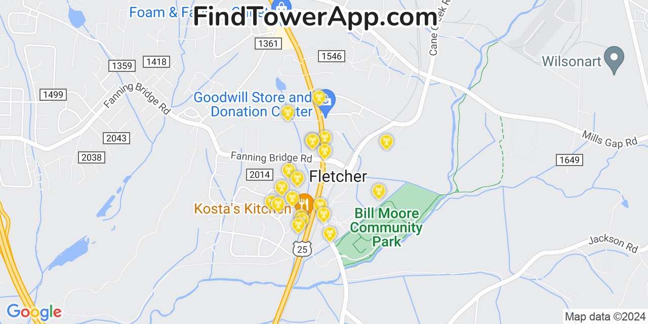 AT&T 4G/5G cell tower coverage map Fletcher, North Carolina