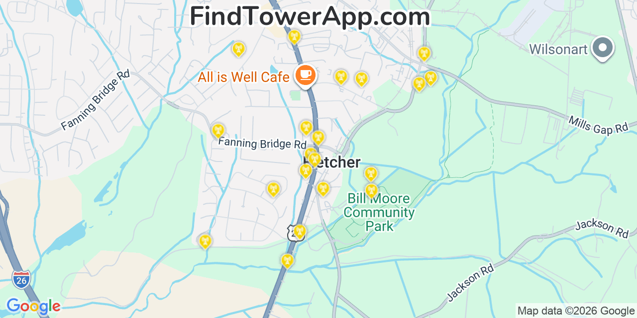 Map showing the 20 primary cell tower locations detected in Fletcher, North Carolina from AT&T, Verizon, and T-Mobile networks