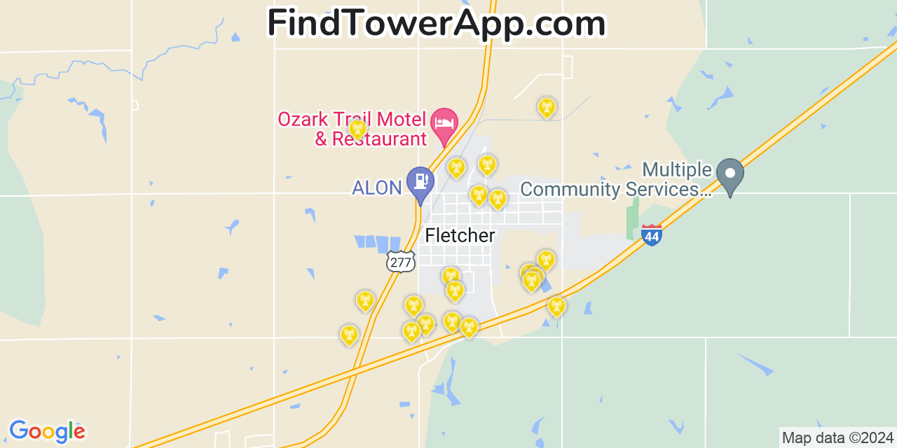 AT&T 4G/5G cell tower coverage map Fletcher, Oklahoma