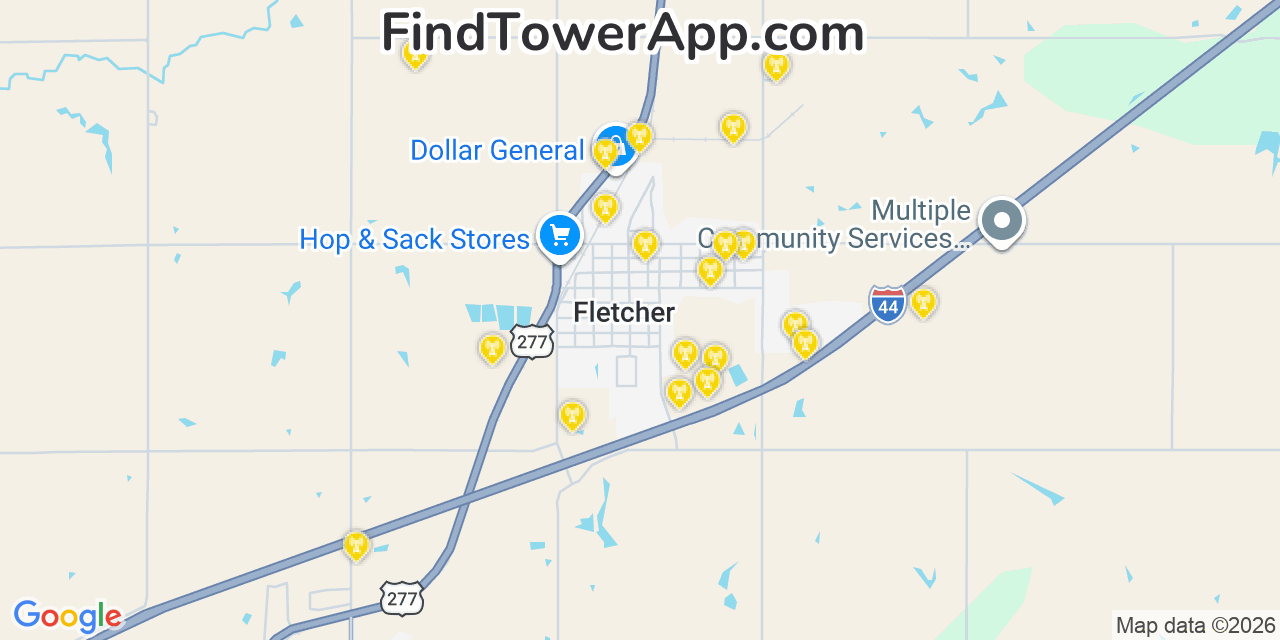 Map showing the 20 primary cell tower locations detected in Fletcher, Oklahoma from AT&T, Verizon, and T-Mobile networks