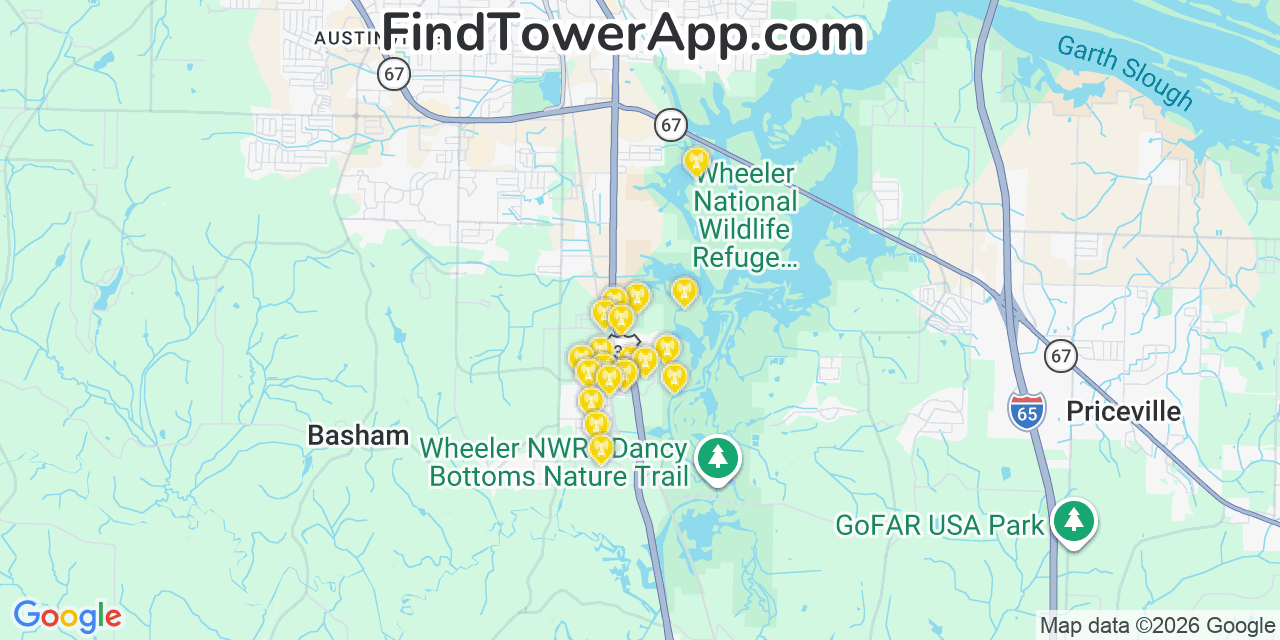 Map showing the 20 primary cell tower locations detected in Flint City, Alabama from AT&T, Verizon, and T-Mobile networks
