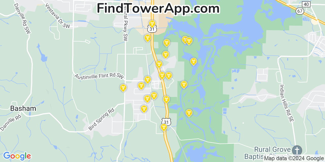 Verizon 4G/5G cell tower coverage map Flint City, Alabama