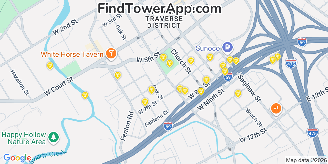 Map showing the 20 primary cell tower locations detected in Flint, Michigan from AT&T, Verizon, and T-Mobile networks