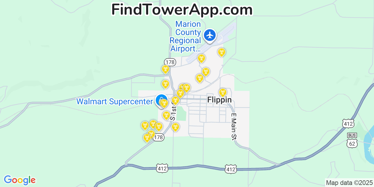 Map showing the 20 primary cell tower locations detected in Flippin, Arkansas from AT&T, Verizon, and T-Mobile networks