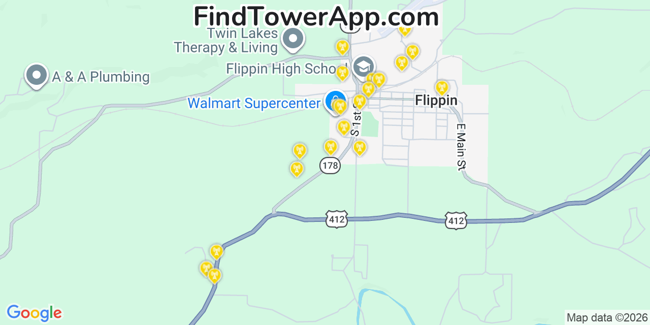 Map showing the 20 primary cell tower locations detected in Flippin, Arkansas from AT&T, Verizon, and T-Mobile networks