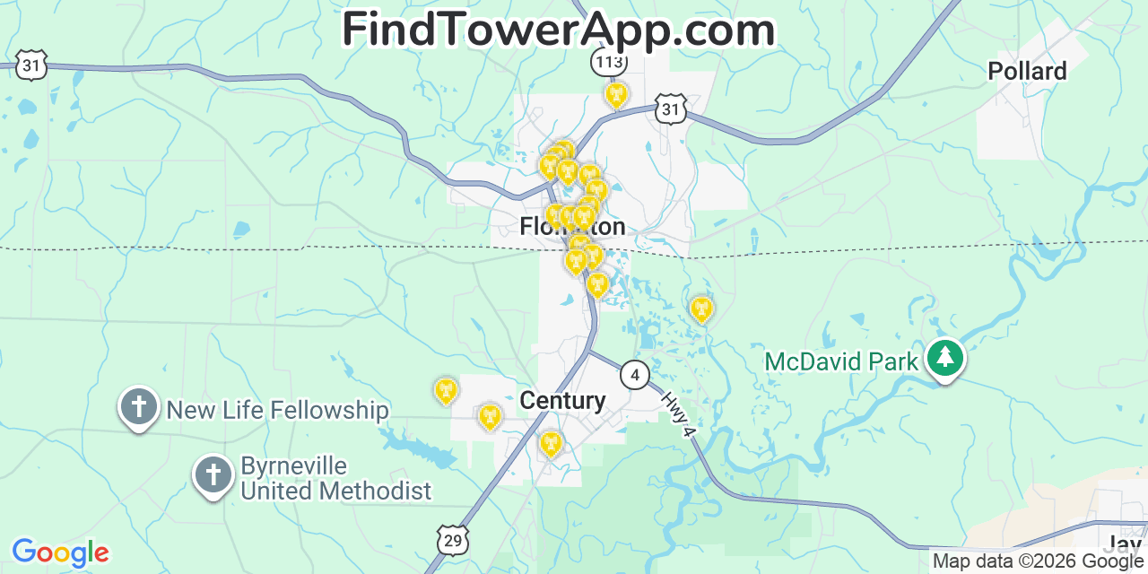 Map showing the 20 primary cell tower locations detected in Flomaton, Alabama from AT&T, Verizon, and T-Mobile networks