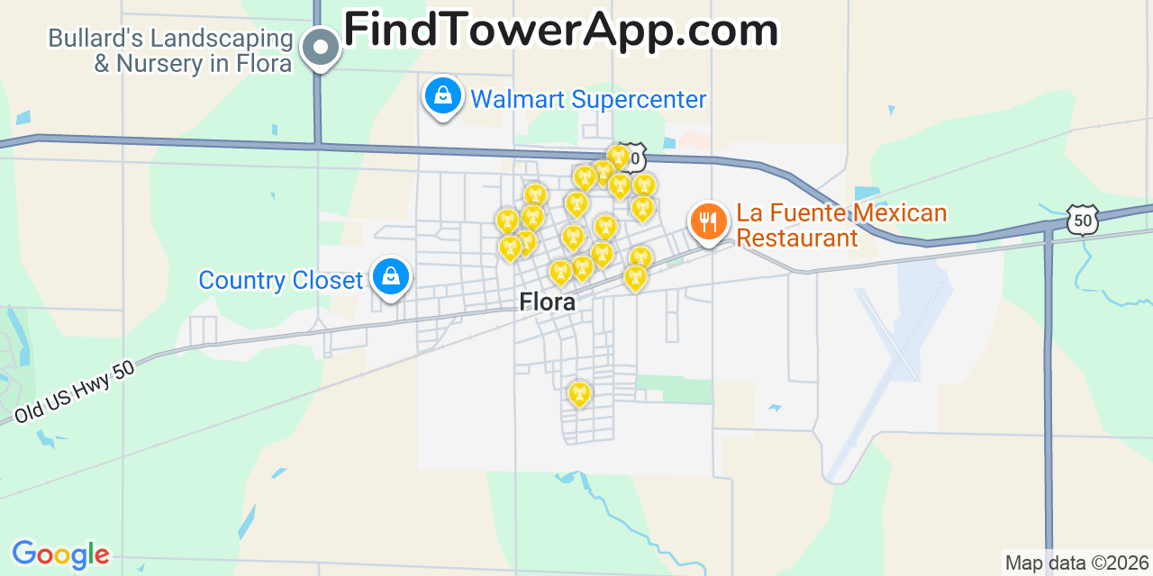 Map showing the 20 primary cell tower locations detected in Flora, Illinois from AT&T, Verizon, and T-Mobile networks