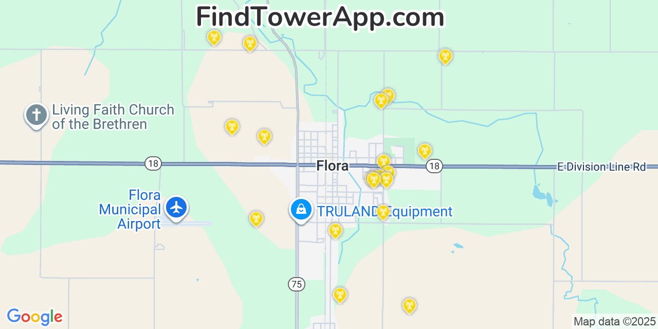 Map showing the 20 primary cell tower locations detected in Flora, Indiana from AT&T, Verizon, and T-Mobile networks