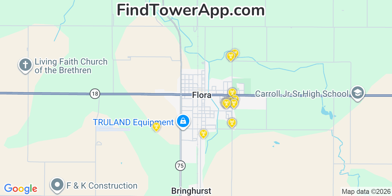 Map showing the 20 primary cell tower locations detected in Flora, Indiana from AT&T, Verizon, and T-Mobile networks
