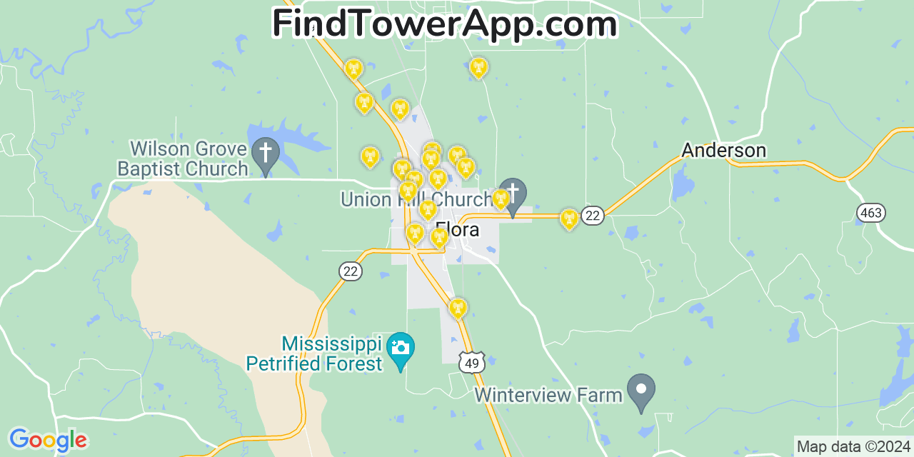 AT&T 4G/5G cell tower coverage map Flora, Mississippi