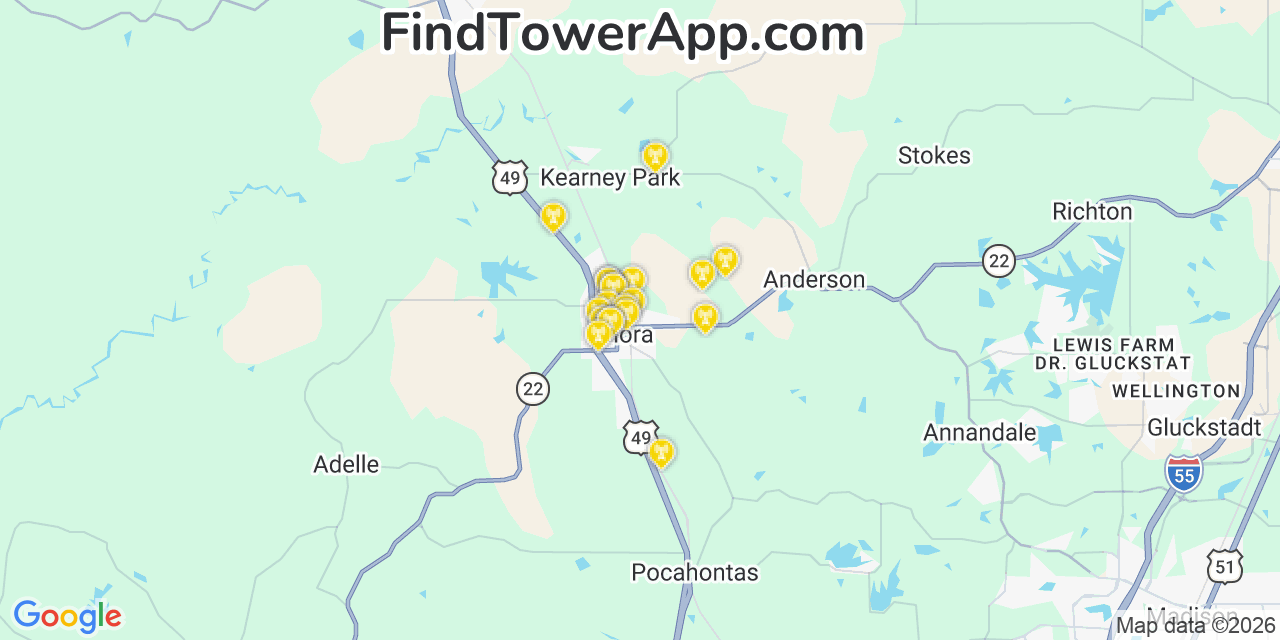 Map showing the 20 primary cell tower locations detected in Flora, Mississippi from AT&T, Verizon, and T-Mobile networks