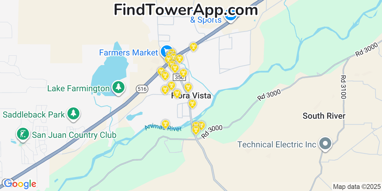 Map showing the 20 primary cell tower locations detected in Flora Vista, New Mexico from AT&T, Verizon, and T-Mobile networks