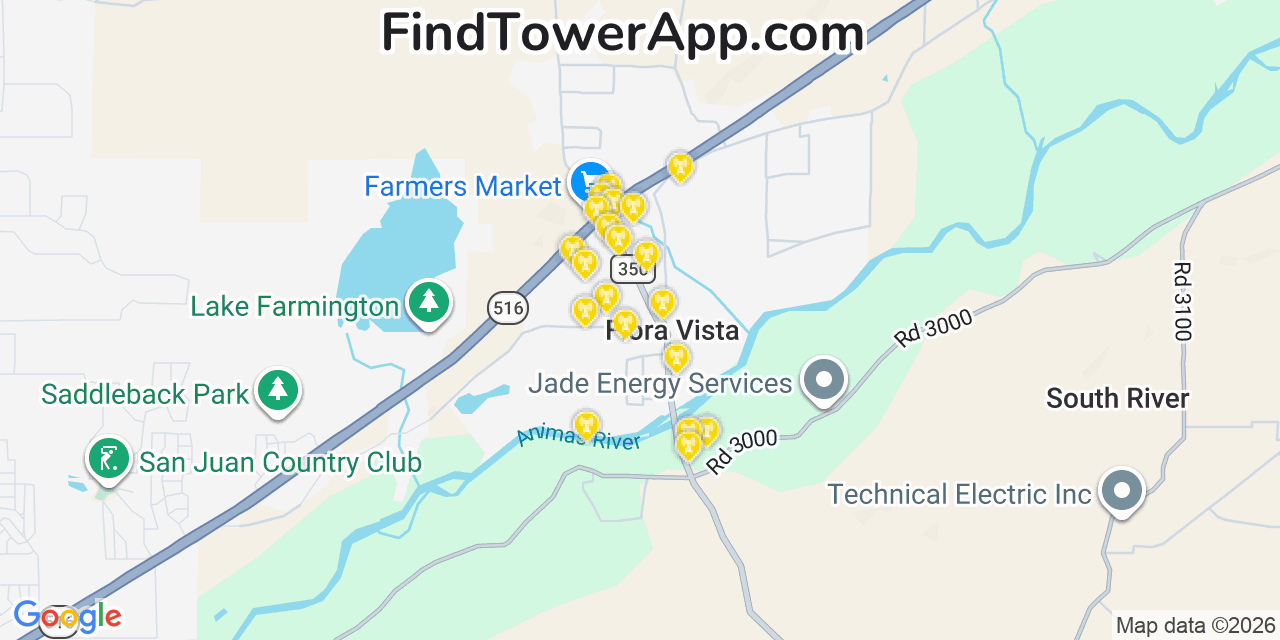 Map showing the 20 primary cell tower locations detected in Flora Vista, New Mexico from AT&T, Verizon, and T-Mobile networks