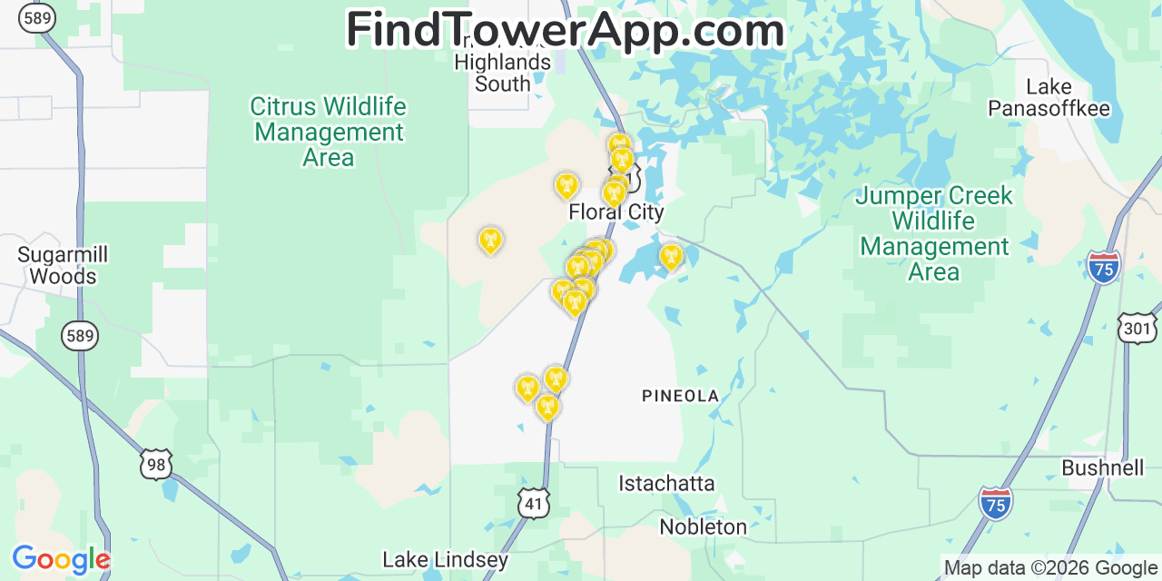 Map showing the 20 primary cell tower locations detected in Floral City, Florida from AT&T, Verizon, and T-Mobile networks