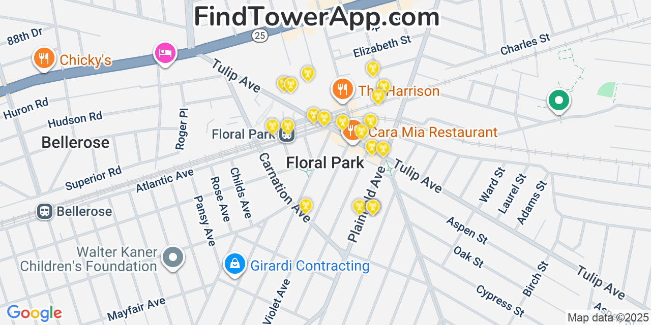 Map showing the 20 primary cell tower locations detected in Floral Park, New York from AT&T, Verizon, and T-Mobile networks