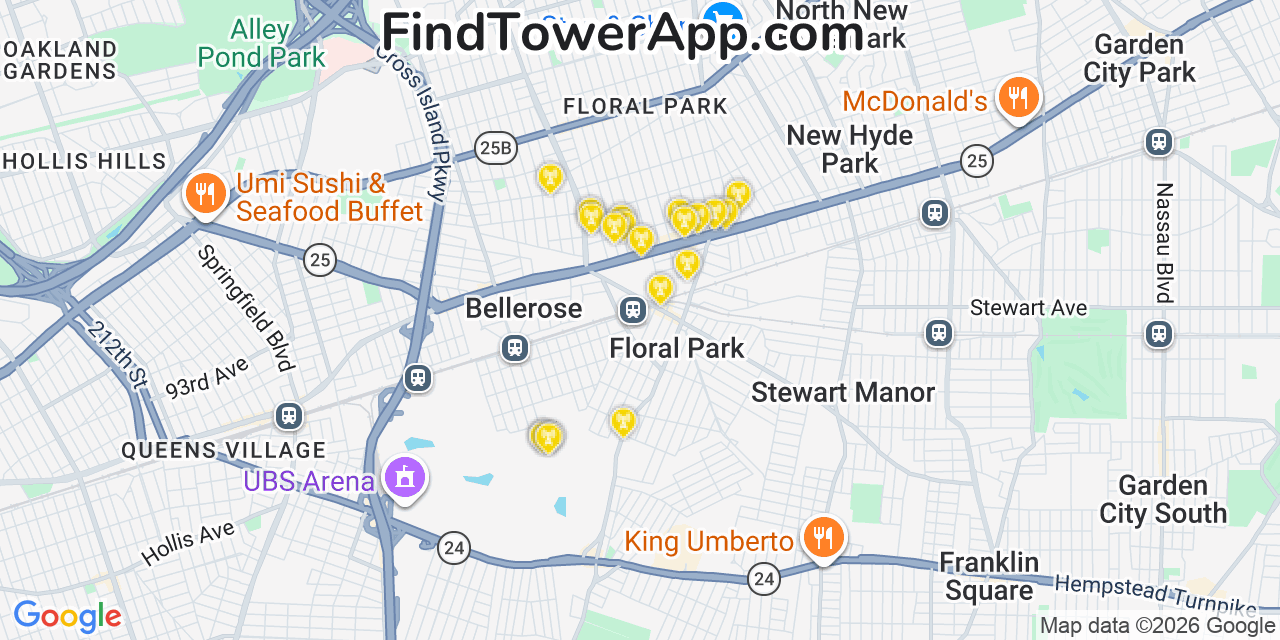 Map showing the 20 primary cell tower locations detected in Floral Park, New York from AT&T, Verizon, and T-Mobile networks