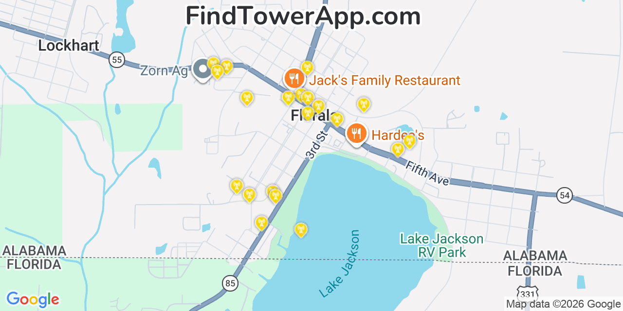 Map showing the 20 primary cell tower locations detected in Florala, Alabama from AT&T, Verizon, and T-Mobile networks