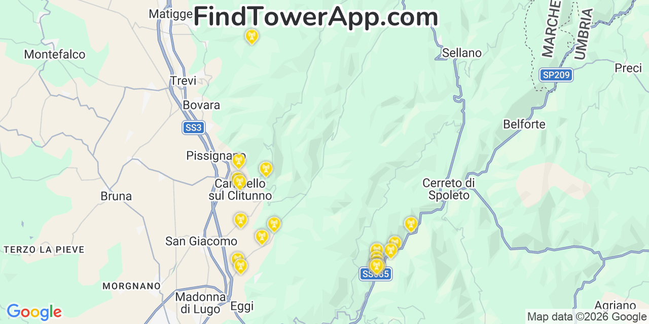 Map showing the 20 primary Verizon cell tower locations detected in Florence0