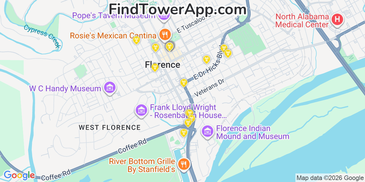 Map showing the 20 primary cell tower locations detected in Florence, Alabama from AT&T, Verizon, and T-Mobile networks