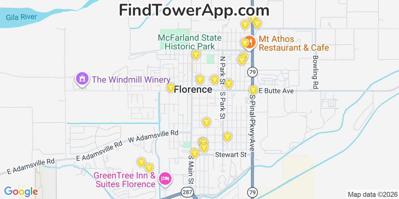 Map showing the 20 primary cell tower locations detected in Florence, Arizona from AT&T, Verizon, and T-Mobile networks
