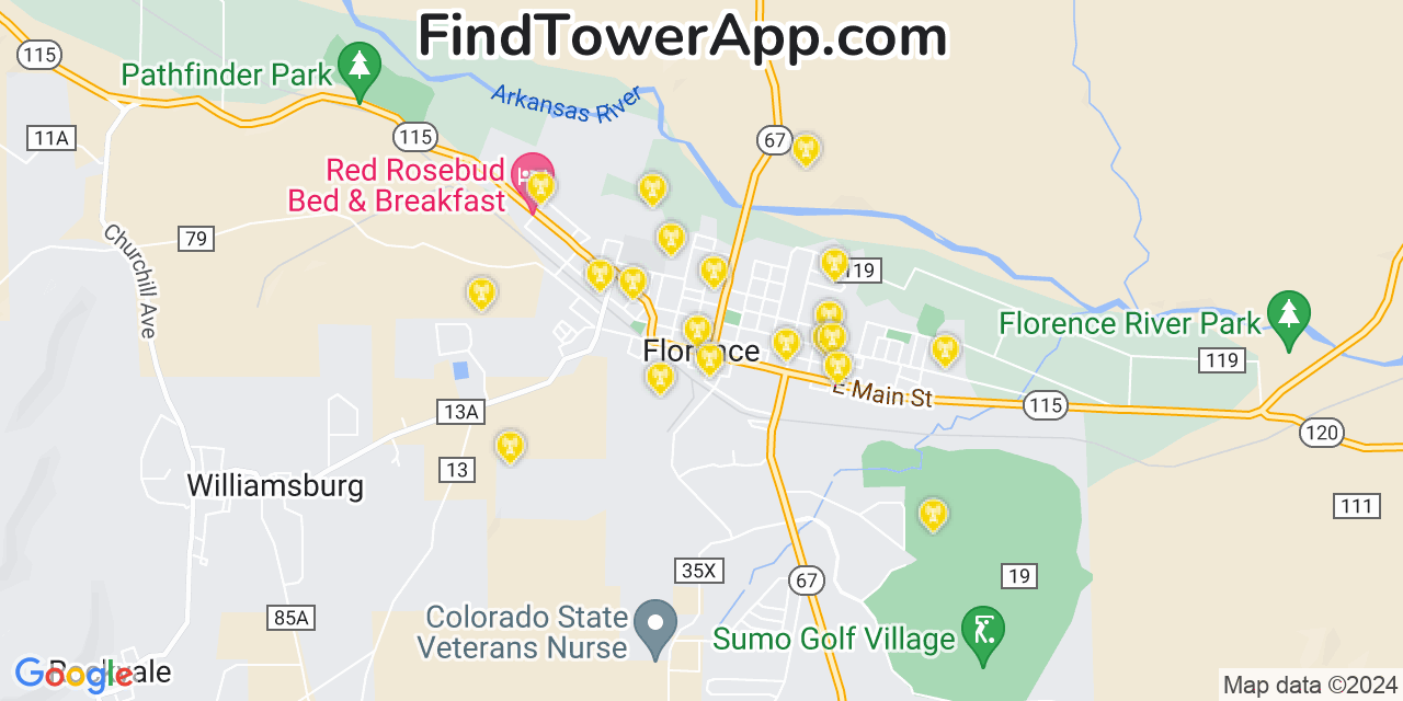 AT&T 4G/5G cell tower coverage map Florence, Colorado