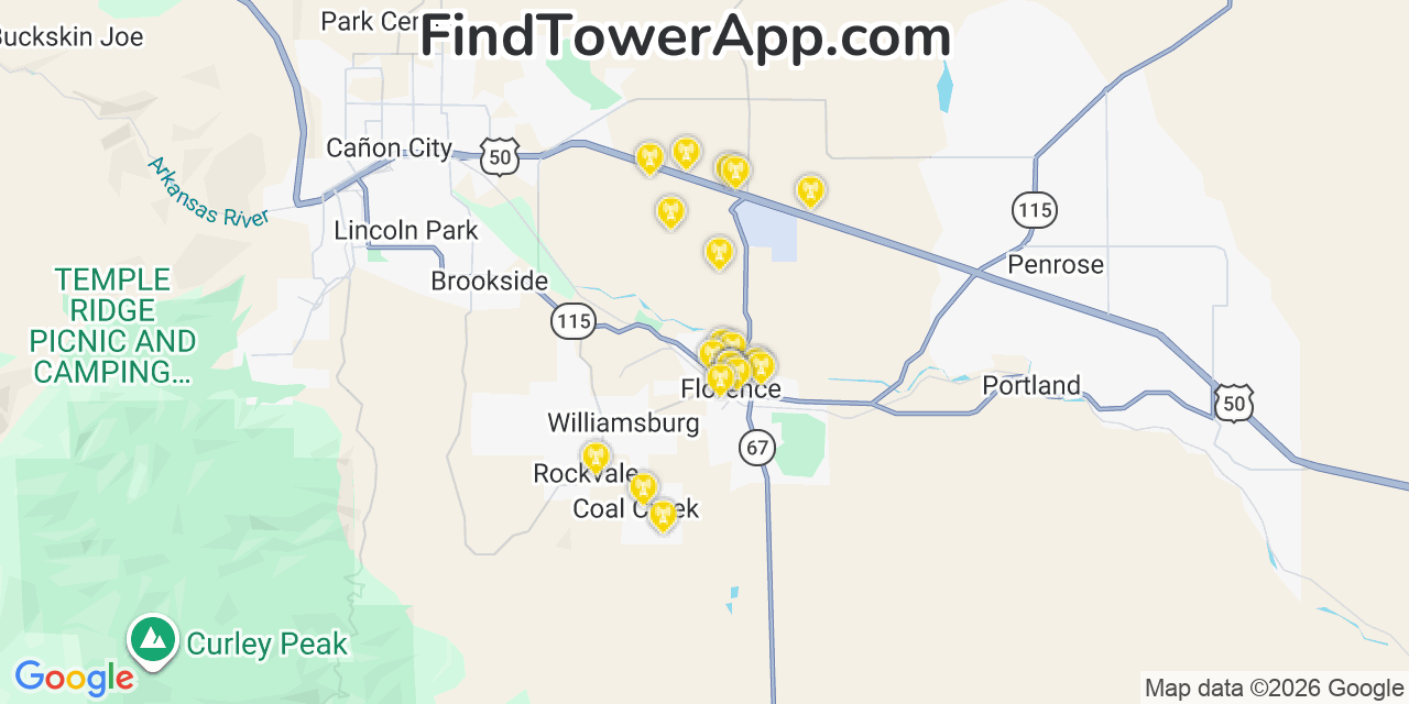 Map showing the 20 primary cell tower locations detected in Florence, Colorado from AT&T, Verizon, and T-Mobile networks