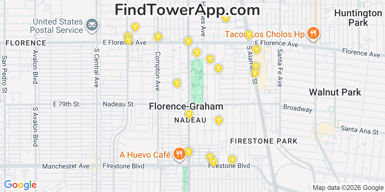 Map showing the 20 primary cell tower locations detected in Florence Graham, California from AT&T, Verizon, and T-Mobile networks