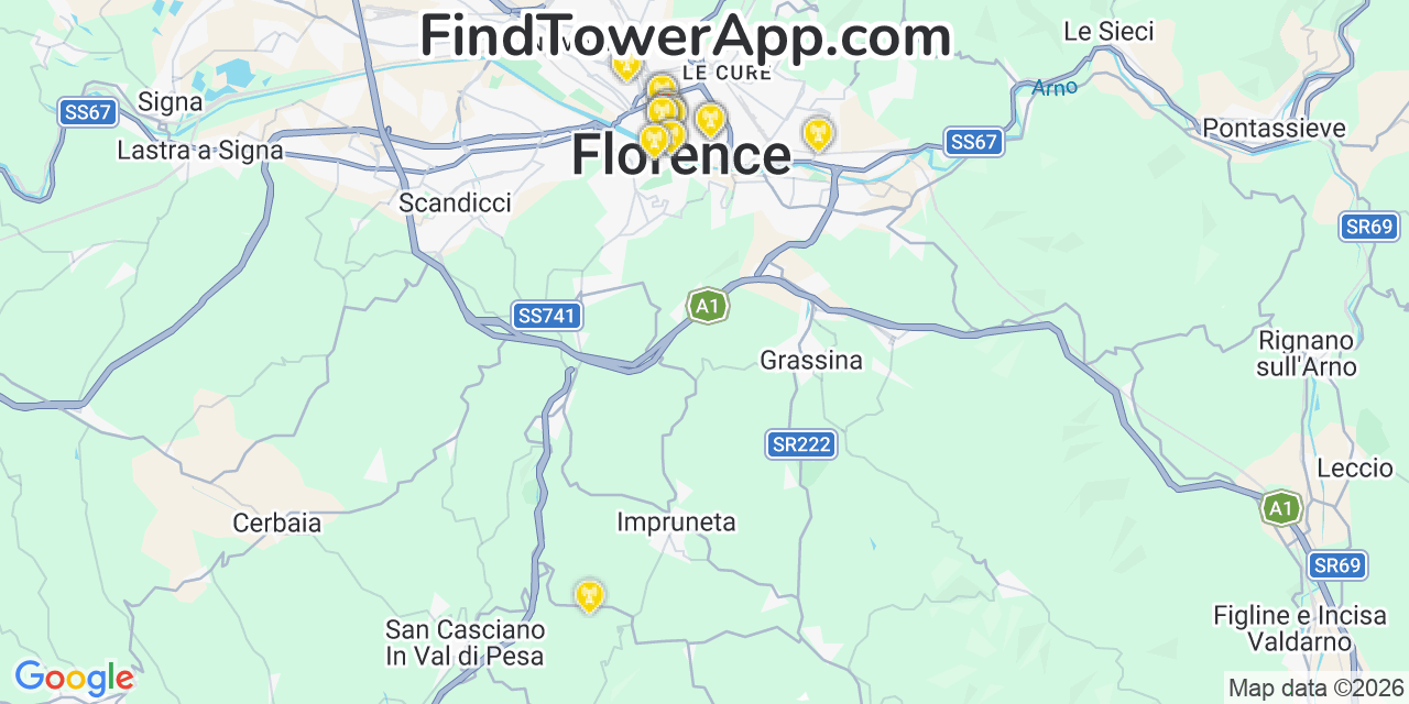 Map showing the 28 primary Verizon cell tower locations detected in Florence, Italy0