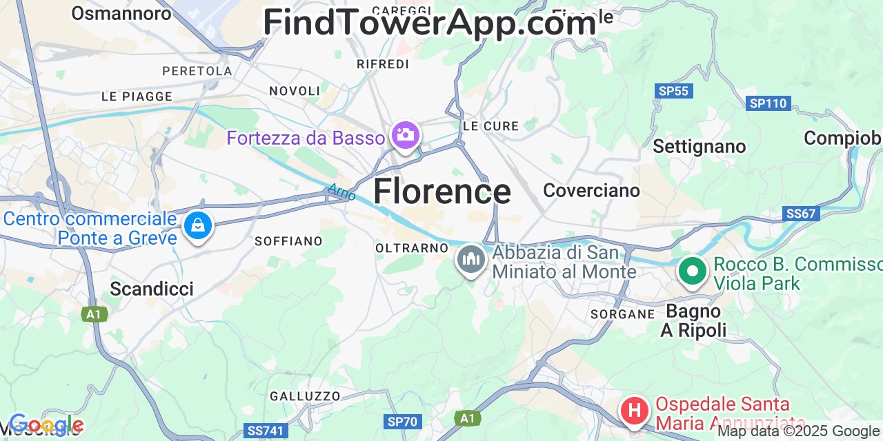 Map showing the 0 primary Iliad cell tower locations detected in Florence, Italy with coverage radius and signal strength indicators