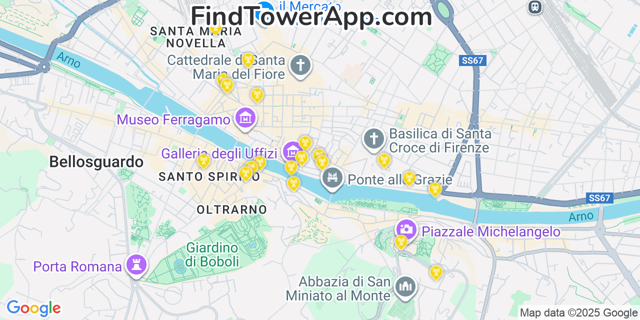 Map showing the 20 primary cell tower locations detected in Florence, Italy with coverage areas and signal strength