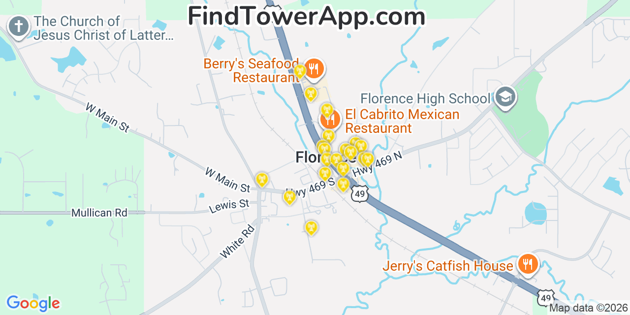Map showing the 20 primary cell tower locations detected in Florence, Mississippi from AT&T, Verizon, and T-Mobile networks