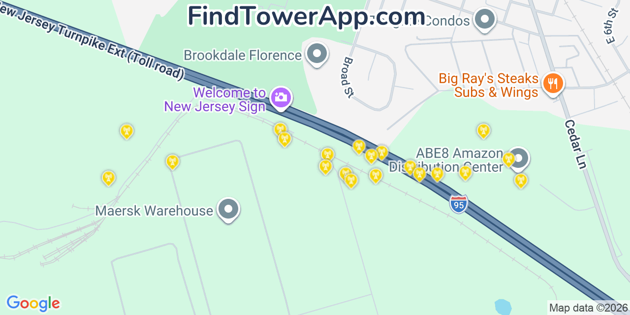 Map showing the 20 primary cell tower locations detected in Florence, New Jersey from AT&T, Verizon, and T-Mobile networks