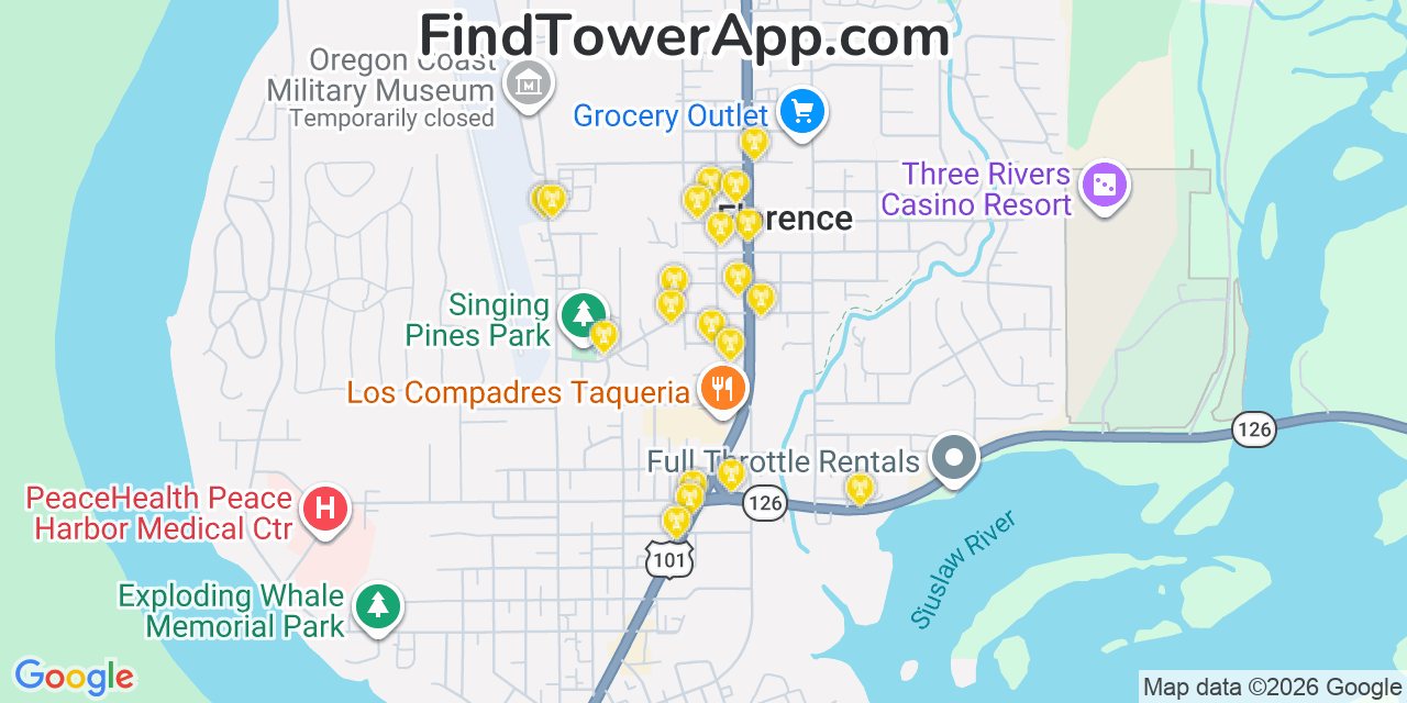 Map showing the 20 primary cell tower locations detected in Florence, Oregon from AT&T, Verizon, and T-Mobile networks