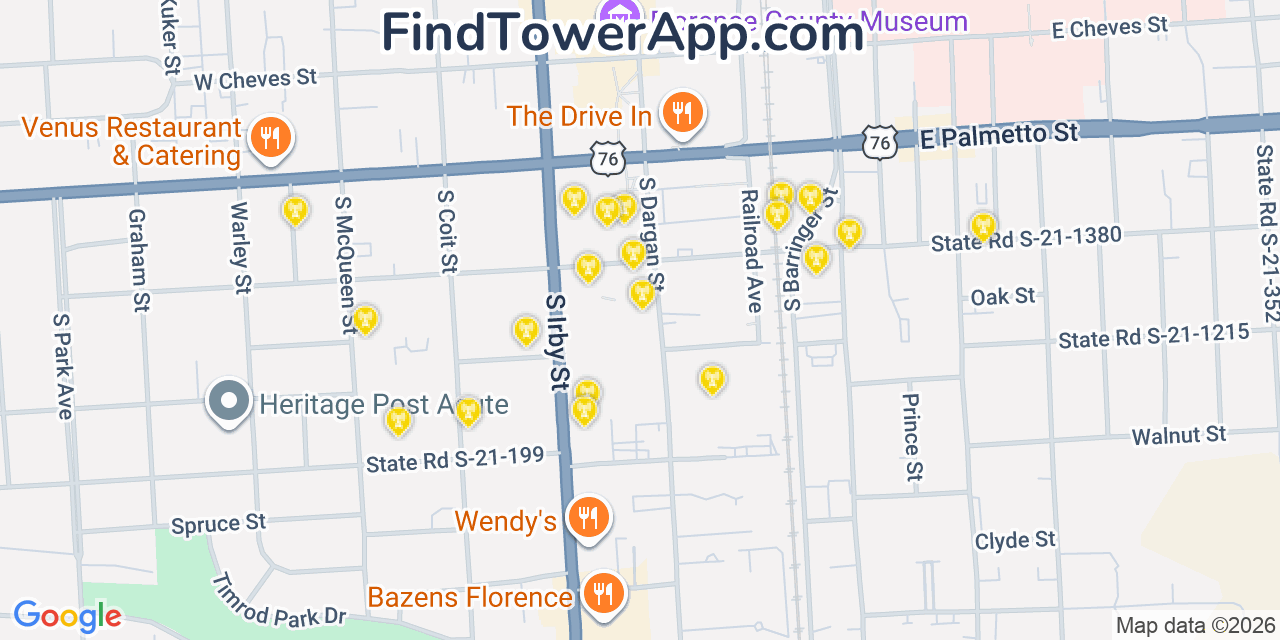 Map showing the 20 primary cell tower locations detected in Florence, South Carolina from AT&T, Verizon, and T-Mobile networks