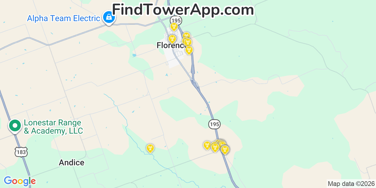 Map showing the 20 primary cell tower locations detected in Florence, Texas from AT&T, Verizon, and T-Mobile networks