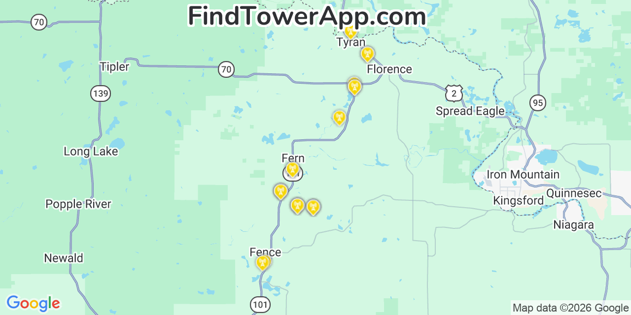 Map showing the 20 primary cell tower locations detected in Florence, Wisconsin from AT&T, Verizon, and T-Mobile networks