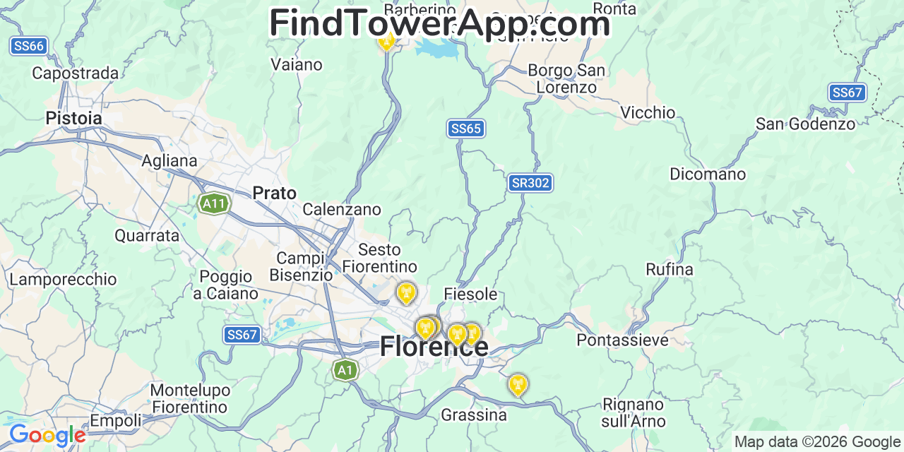 Map showing the 26 primary AT&T cell tower locations detected in Florence, @@Z0Izt with coverage radius and signal strength indicators