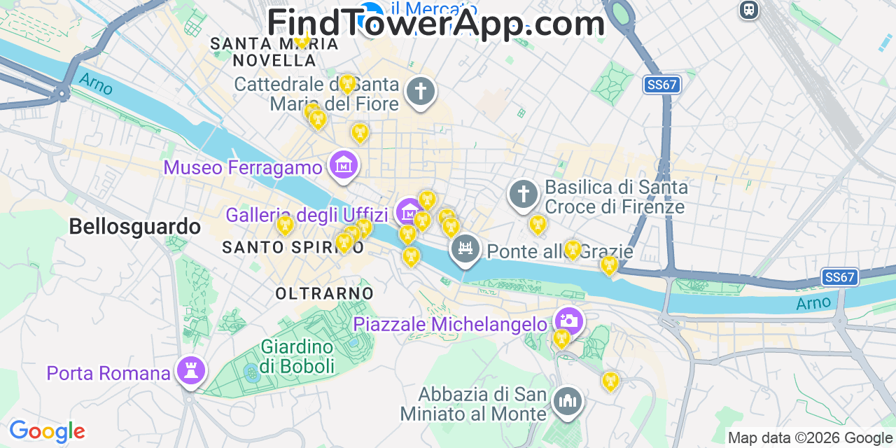 Map showing the 20 primary cell tower locations detected in Florence, @@Z0Izt from AT&T, Verizon, and T-Mobile networks