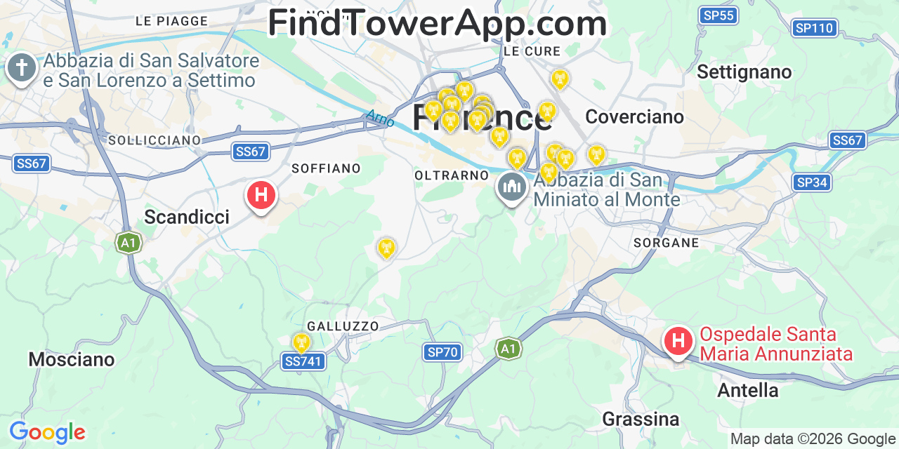 Map showing the 30 primary T-Mobile cell tower locations detected in Florence, @@Z0Izt with coverage radius and signal strength indicators