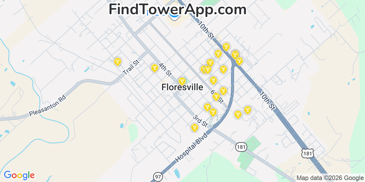 Map showing the 20 primary cell tower locations detected in Floresville, Texas from AT&T, Verizon, and T-Mobile networks