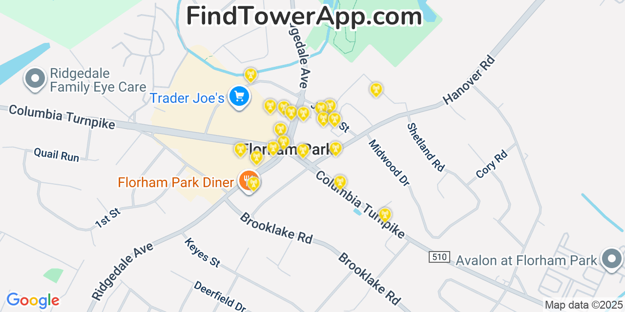 Map showing the 20 primary cell tower locations detected in Florham Park, New Jersey from AT&T, Verizon, and T-Mobile networks