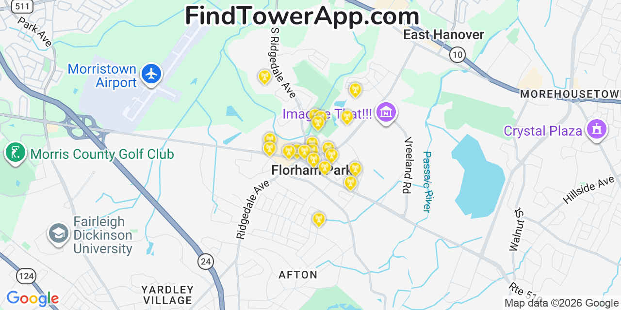 Map showing the 20 primary cell tower locations detected in Florham Park, New Jersey from AT&T, Verizon, and T-Mobile networks