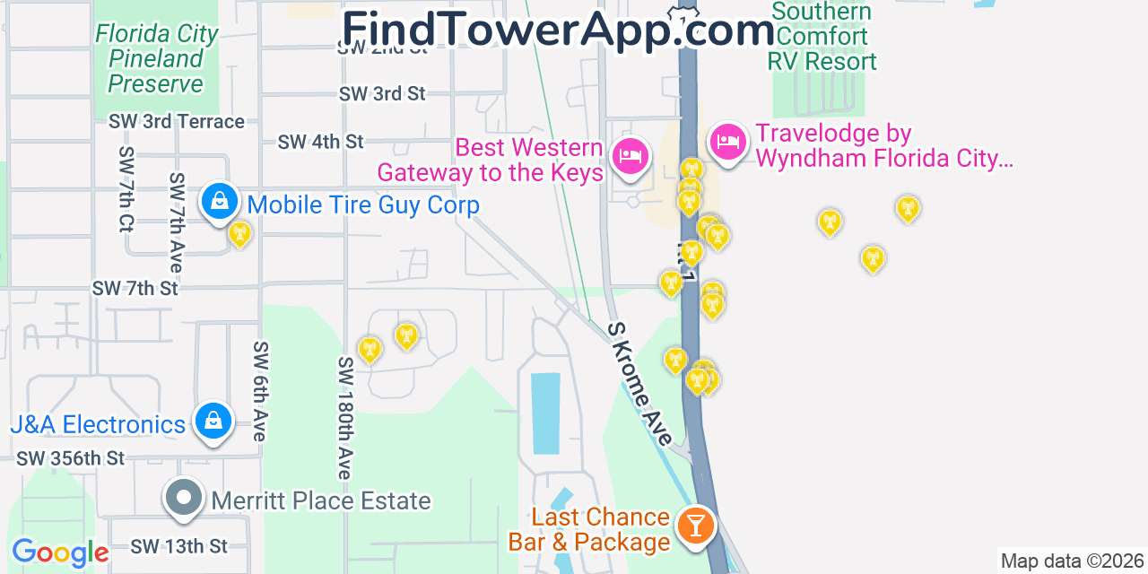 Map showing the 20 primary cell tower locations detected in Florida City, Florida from AT&T, Verizon, and T-Mobile networks