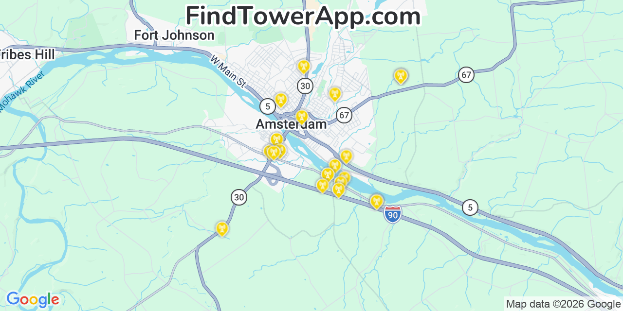 Map showing the 20 primary cell tower locations detected in Florida, New York from AT&T, Verizon, and T-Mobile networks