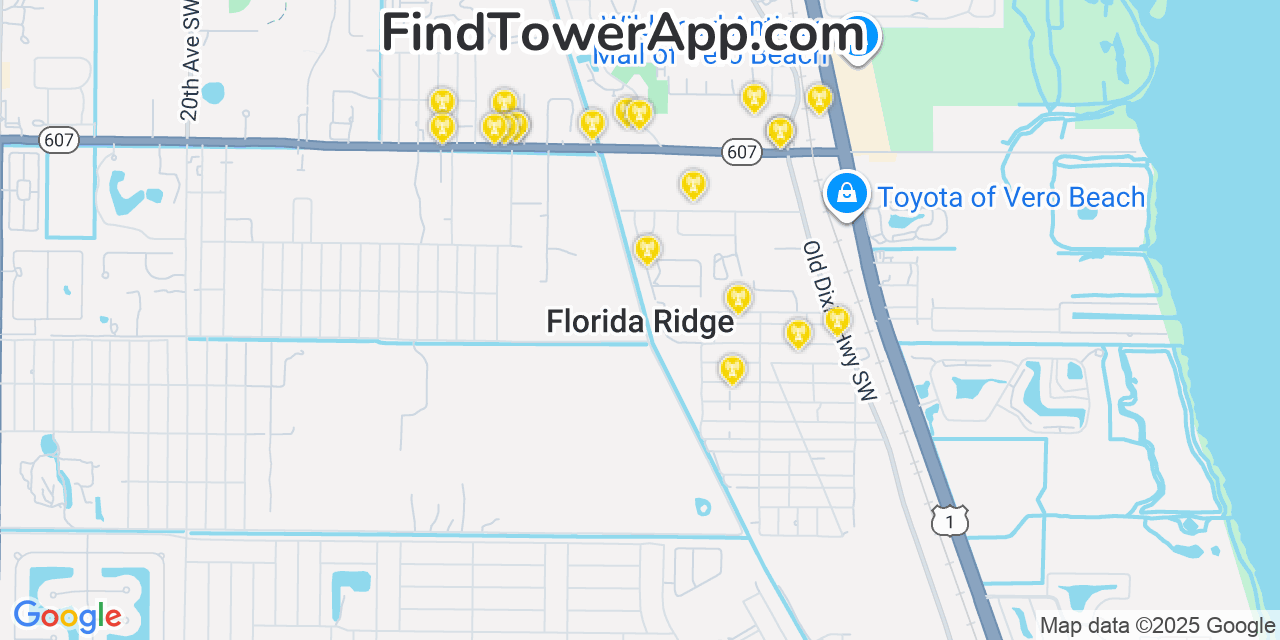 Map showing the 20 primary cell tower locations detected in Florida Ridge, Florida from AT&T, Verizon, and T-Mobile networks