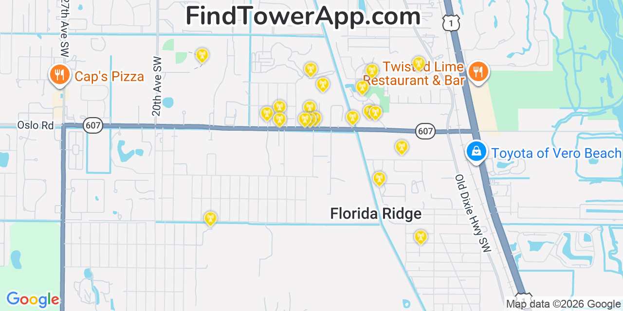 Map showing the 20 primary cell tower locations detected in Florida Ridge, Florida from AT&T, Verizon, and T-Mobile networks