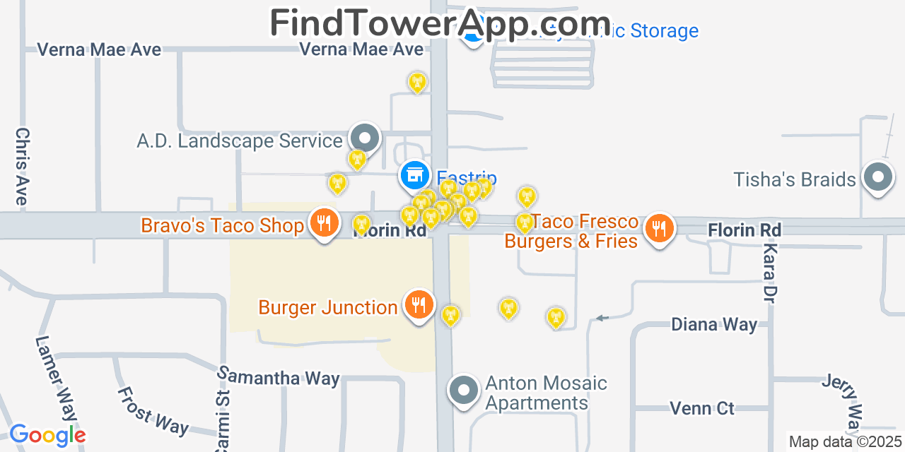 Map showing the 20 primary cell tower locations detected in Florin, California from AT&T, Verizon, and T-Mobile networks